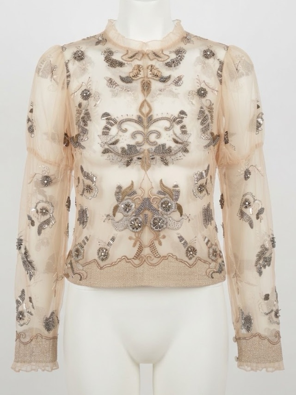 Zara Nude Sheer Intricate Beaded Embroidered Puff Sleeve Blouse